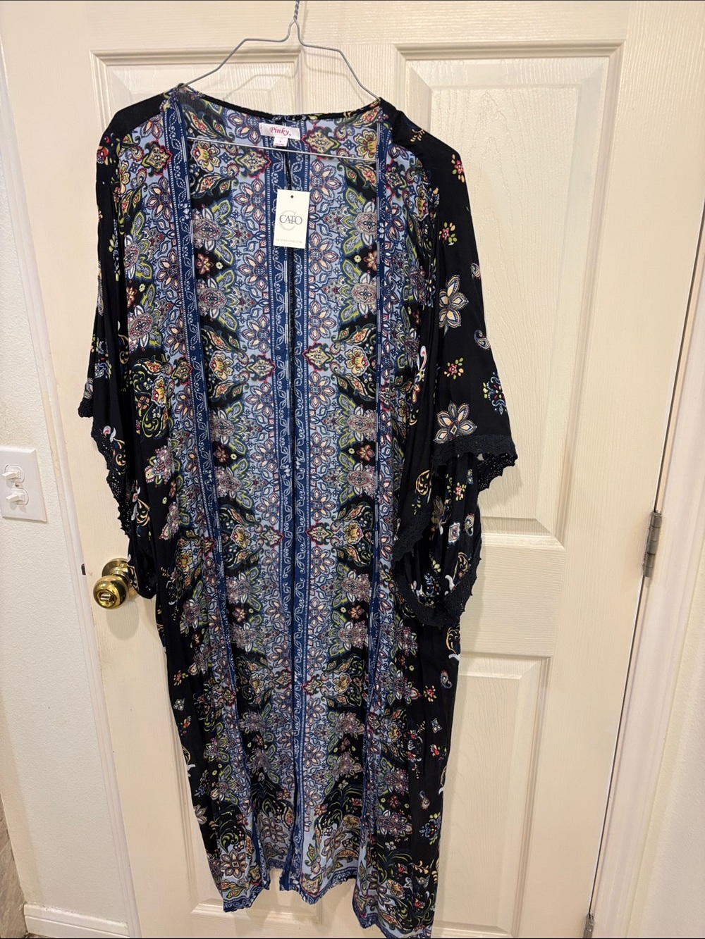 Cato Black Floral Border Kimono with Blue Accents